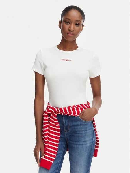 Tommy Jeans T-Shirt Script Rib DW0DW22809 Kremowy Slim Fit. Białe t-shirty Tommy Jeans, s, bez wzorów, z bawełny, bez kołnierzyka, bez ramiączek. Za 127.99 zł.