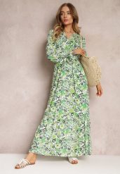Zielona Wiskozowa Sukienka Maxi w Kwiaty z Gumką w Pasie i Kopertowym Dekoltem Elinne. Zielone sukienki Renee, l, bez wzorów, z materiału, bez kołnierzyka, bez ramiączek, maxi, kopertowe. Za 129.99 zł.