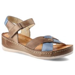 Beżowe Sandały Damskie Wasak Wygodne Buty Letnie. Brązowe sandały Wasak, z aplikacjami, z jeansu, wakacyjne, bez obcasa, na koturnie, bez zapięcia. Za 242.99 zł.