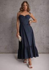 Granatowa Rozkloszowana Sukienka z Bawełny z Wiązanymi Ramiączkami Milistia. Niebieskie sukienki Renee, na co dzień, m, bez wzorów, z bawełny, eleganckie, bez kołnierzyka, bez ramiączek, maxi, gorsetowe. Za 169.99 zł.