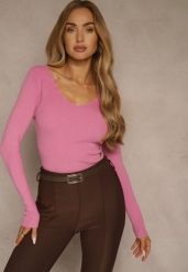 Różowy Sweter o Taliowanym Kroju z Nieregularnym Dekoltem w V Fenalissa. Czerwone swetry Renee, na zimę, l, bez wzorów, bez ramiączek. Za 59.99 zł.