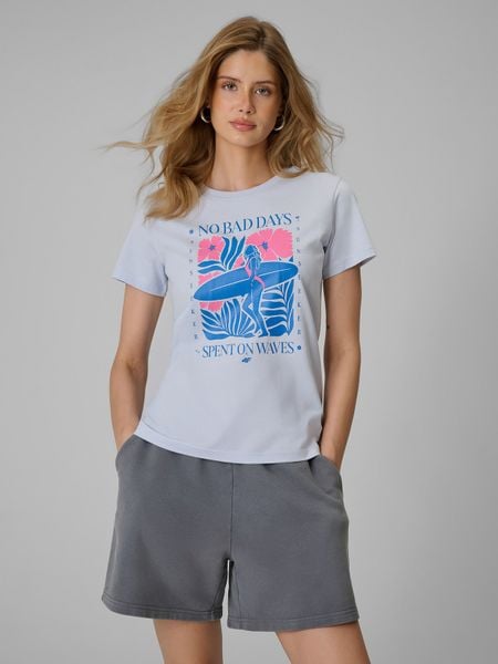 4F T-shirt regular z nadrukiem damski - niebieski L. Niebieskie t-shirty 4f, l, bez wzorów, z bawełny, bez kołnierzyka, bez ramiączek. W wyprzedaży za 39.99 zł.