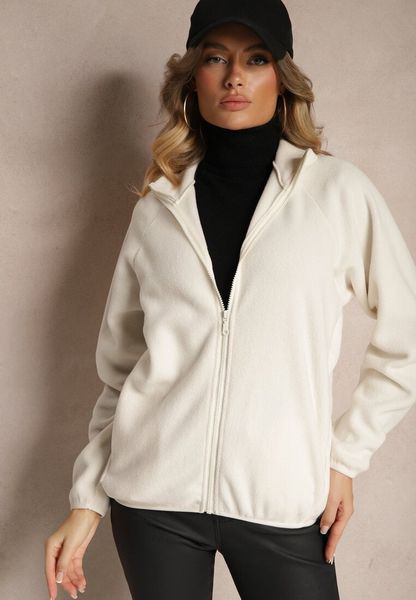 Jasnobeżowa Bluza Polar z Zapięciem na Suwak Kieszeniami i Stójką Esandria. Brązowe bluzy Renee, l, bez wzorów, z jeansu, bez kaptura. Za 39.99 zł.