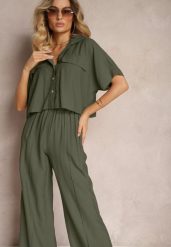 Ciemnozielony 2-Częściowy Komplet z Wiskozy Koszula o Luźnym Kroju Szerokie Spodnie Velvitela. Zielone koszule Renee, bez wzorów, z materiału, eleganckie, bez kołnierzyka, bez ramiączek. Za 129.99 zł.