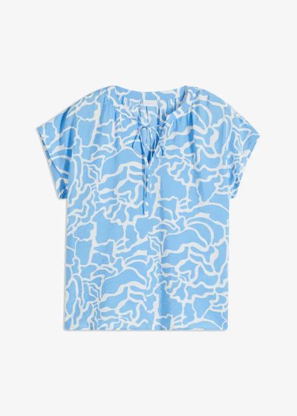 Bluzka tunikowa z nadrukiem. Niebieskie bluzki bonprix, bez wzorów, bez kołnierzyka, bez ramiączek. Za 37.99 zł.
