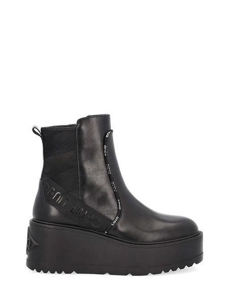 Liu Jo Skórzane botki w kolorze czarnym na platformie rozmiar: 38. Czarne botki Liu Jo, bez wzorów, ze skóry, bez obcasa, na platformie, bez zapięcia. Za 511.12 zł.