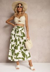 Zielono-Beżowa Rozkloszowana Spódnica High Waist z Gumką w Talii i Guzikami Tinasshi. Zielone spódnice Renee, na lato, m, bez wzorów, z materiału, maxi, rozkloszowane. Za 74.99 zł.