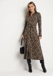 Brązowa Koszulowa Sukienka z Wiskozą w Ornamentalny Wzór z Wiązanym Paskiem Evathria. Brązowe sukienki Born2be, na co dzień, m, bez wzorów, z wiskozy, eleganckie, bez kołnierzyka, bez ramiączek, maxi, koszulowe. Za 169.99 zł.