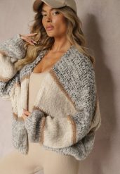 Beżowy Kardigan Niezapinany z Wełną Ozdobiony Paskami Irinaa. Brązowe kardigany Renee, z aplikacjami, z wełny. Za 149.99 zł.