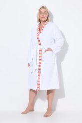 Damskie szlafrok z dzianiny dresowej brzegi w paski wiązany pasek długi rękaw. Białe szlafroki Ulla Popken, plus size, bez wzorów, z bawełny, plus size, bez ramiączek, bez kaptura. Za 223.99 zł.