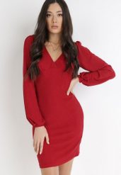 Bordowa Sukienka Alcona. Czerwone sukienki Born2be, l, bez wzorów, z tkaniny, wizytowe, bez kołnierzyka, bez ramiączek, mini, dopasowane. Za 129.99 zł.