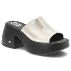 Złote Klapki Karino Eleganckie Obuwie Damskie Na Obcasie. Żółte klapki Karino, bez wzorów, ze skóry, z otwartym noskiem, bez obcasa, na obcasie. Za 399.00 zł.