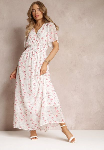 Biała Rozkloszowana Sukienka z Elastyczną Gumką w Pasie Matalie. Białe sukienki Renee, l, bez wzorów, bez kołnierzyka, bez ramiączek, maxi, rozkloszowane. Za 109.99 zł.