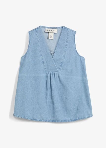 Top dżinsowy. Niebieskie topy bonprix, bez wzorów, bez kołnierzyka, bez ramiączek. Za 37.99 zł.
