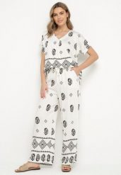 Czarno-Biały Bawełniany Komplet Koszula i Szerokie Spodnie w Stylu Boho Ollirive. Białe koszule Born2be, l, z aplikacjami, z bawełny, boho, bez kołnierzyka, bez ramiączek. Za 64.99 zł.