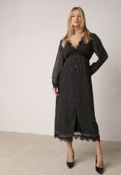 Czarna Sukienka w Kropki z Koronką i Transparentnymi Rękawami Hetiera. Czarne sukienki Born2be, na co dzień, l, bez wzorów, z koronki, klasyczne, bez kołnierzyka, bez ramiączek, maxi. Za 139.99 zł.