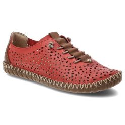 Półbuty damskie Rieker, cholewka ze skóry naturalnej licowej z ażurową perforacją fason na płaskiej podeszwie, czerwone, M2856-33. Czerwone sukienki Rieker, m, w ażurowe wzory, ze skóry, bez kołnierzyka, bez ramiączek. Za 329.00 zł.