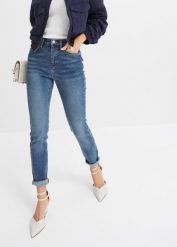 Dżinsy skinny, high waist. Niebieskie jeansy bonprix, bez wzorów, z podwyższonym stanem. Za 144.99 zł.