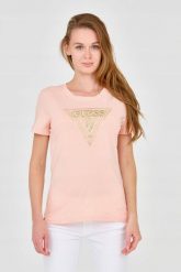 GUESS Damski t-shirt z dużym zdobionym logo, Rozmiar S. Brązowe t-shirty Guess, s, z aplikacjami, bez kołnierzyka, bez ramiączek. W wyprzedaży za 139.99 zł.