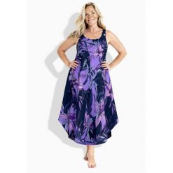 Damskie Sukienka midi wzór w lilie krój trapezowy okrągły dekolt bez rękawów. Niebieskie sukienki Ulla Popken, plus size, bez wzorów, z materiału, sportowe, bez kołnierzyka, plus size, bez ramiączek, midi, sportowe. Za 279.99 zł.