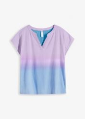Bluzka z dekoltem henley z efektem cieniowania ombré. Niebieskie bluzki bonprix, bez wzorów, bez kołnierzyka, bez ramiączek. Za 32.99 zł.