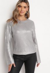 Srebrny Połyskujący Sweter Zerinna. Szare swetry Born2be, m, bez wzorów, z dzianiny, bez ramiączek. Za 129.99 zł.