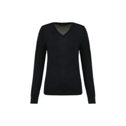 Damski sweter z merynosów z dekoltem v-neck Kariban Premium. Czarne swetry KARIBAN, na zimę, bez wzorów, z wełny, bez ramiączek. W wyprzedaży za 268.00 zł.