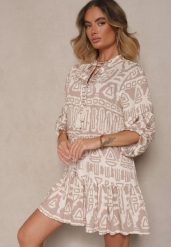 Beżowa Rozkloszowana Sukienka z Wiskozy w Etniczny Print z Wiązaniem z Frędzlami Ravpio. Brązowe sukienki Renee, na spotkanie biznesowe, l, bez wzorów, z wiskozy, eleganckie, bez kołnierzyka, bez ramiączek, mini, rozkloszowane. Za 89.99 zł.