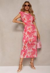 Różowa Dopasowana Sukienka z Siateczki w Kwiaty Zoneri. Czerwone sukienki Renee, na co dzień, na lato, m, bez wzorów, bez kołnierzyka, bez ramiączek, midi, dopasowane. Za 129.99 zł.