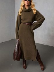 Milan Kiss Sukienka dzianinowa w kolorze khaki rozmiar: XL. Brązowe sukienki Milan Kiss, xl, bez wzorów, z dzianiny, bez kołnierzyka, bez ramiączek, maxi. Za 291.51 zł.