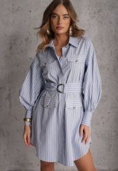 Niebieska Koszulowa Sukienka z Bawełny z Paskiem w Stylu Soft Utility Effiara. Niebieskie sukienki Renee, l, bez wzorów, z bawełny, bez kołnierzyka, bez ramiączek, mini, koszulowe. Za 169.99 zł.