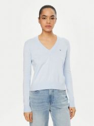 Tommy Jeans Sweter Essential DW0DW19888 Błękitny Regular Fit. Niebieskie swetry Tommy Jeans, xxs, bez wzorów, z bawełny, bez ramiączek. Za 249.99 zł.