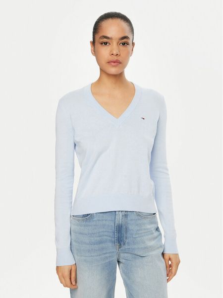 Tommy Jeans Sweter Essential DW0DW19888 Błękitny Regular Fit. Niebieskie swetry Tommy Jeans, xxs, bez wzorów, z bawełny, bez ramiączek. Za 219.99 zł.