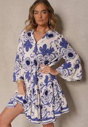 Niebieska Rozkloszowana Sukienka z Wiskozy Zdobiona Etnicznym Printem Pasiretia. Niebieskie sukienki Renee, na co dzień, m, z aplikacjami, z wiskozy, eleganckie, bez kołnierzyka, bez ramiączek, mini, rozkloszowane. Za 99.99 zł.