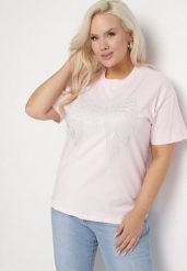 Jasnoróżowy T-shirt ze Wzorem z Cyrkonii Olisellea. Czerwone t-shirty Born2be, xl, bez wzorów, z bawełny, bez kołnierzyka, bez ramiączek. Za 44.99 zł.