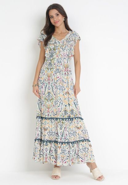 Biało-Beżowa Rozkloszowana Sukienka Maxi z Marszczoną Gumką w Pasie i Falbanami z Wiskozy Wilsey. Białe sukienki Born2be, na imprezę, na lato, m, bez wzorów, z wiskozy, bez kołnierzyka, bez ramiączek, maxi, rozkloszowane. Za 89.99 zł.