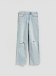 Jeansy straight z przetarciami - niebieski. Niebieskie jeansy Reserved, bez wzorów. Za 139.99 zł.