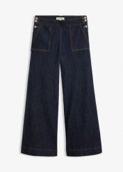 Jeansy wide leg z wysokim stanem i naszywanymi kieszeniami. Niebieskie jeansy bonprix, bez wzorów, z podwyższonym stanem. Za 129.99 zł.