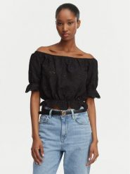 Guess Bluzka W6GP47 K3336 Czarny Regular Fit. Czarne bluzki Guess, m, z aplikacjami, z bawełny, bez kołnierzyka, bez ramiączek. Za 294.99 zł.