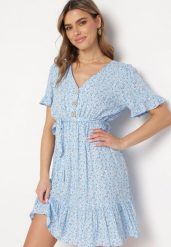 Niebieska Sukienka Mini z Wiskozy Ozdobiona Falbanką w Kwiatowy Wzór Ravenina. Niebieskie sukienki Born2be, na co dzień, m, bez wzorów, z wiskozy, bez kołnierzyka, bez ramiączek, mini, proste. Za 59.99 zł.