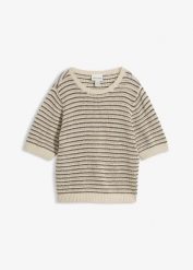 Sweter ażurowy z domieszką lnu. Brązowe swetry bonprix, na wiosnę, w ażurowe wzory, z bawełny, bez ramiączek. Za 142.99 zł.