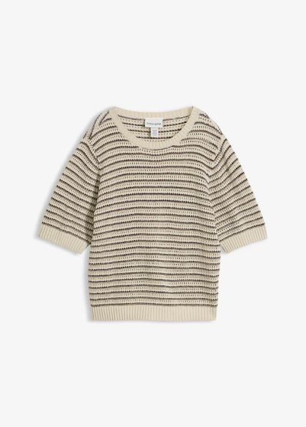 Sweter ażurowy z domieszką lnu. Brązowe swetry bonprix, na wiosnę, w ażurowe wzory, z bawełny, bez ramiączek. Za 142.99 zł.