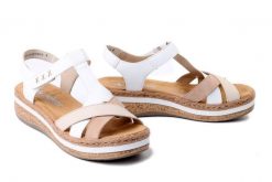 RIEKER V0919-80 white combination, sandały damskie. Białe sandały Rieker, bez wzorów, bez obcasa, bez zapięcia. Za 339.90 zł.