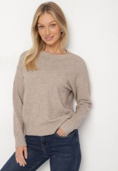 Beżowy Sweter Ozdobiony Motywem Serc Unisae. Brązowe swetry Born2be, l, bez wzorów, z jeansu, bez ramiączek. Za 79.99 zł.