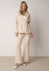 Beżowy Komplet Garniturowy Marynarka z Wiązanym Paskiem i Spodnie Falloria. Brązowe marynarki i żakiety Born2be, m, bez wzorów. Za 199.99 zł.