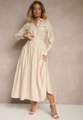 Beżowa Rozkloszowana Sukienka z Wiskozy z Guzikami i Paskiem Ronesa. Brązowe sukienki Renee, na co dzień, l, bez wzorów, z wiskozy, eleganckie, bez kołnierzyka, bez ramiączek, maxi, proste. Za 119.99 zł.
