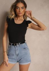 Czarny Top z Ozdobnymi Falbanami Zamiast Rękawów Quinell. Czarne topy Renee, l, bez wzorów, bez kołnierzyka, bez ramiączek. Za 29.99 zł.