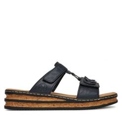 Klapki Rieker. Niebieskie klapki Rieker, bez wzorów, bez obcasa. Za 299.99 zł.