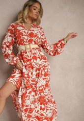 Czerwona Pudełkowa Sukienka z Wiskozy w Kwiatowy Print Ridielia. Czerwone sukienki Renee, na co dzień, m, bez wzorów, z wiskozy, eleganckie, bez kołnierzyka, bez ramiączek, maxi, kopertowe. Za 59.99 zł.
