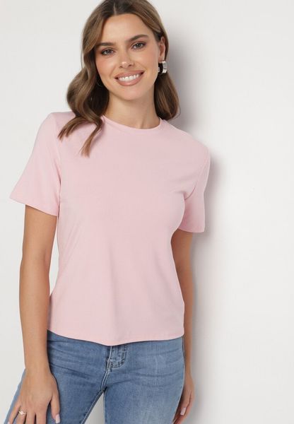 Różowy Wiskozowy T-shirt w Klasycznym Stylu Arivoria. Czerwone t-shirty Born2be, m, z aplikacjami, z jeansu, bez kołnierzyka, bez ramiączek. Za 59.99 zł.